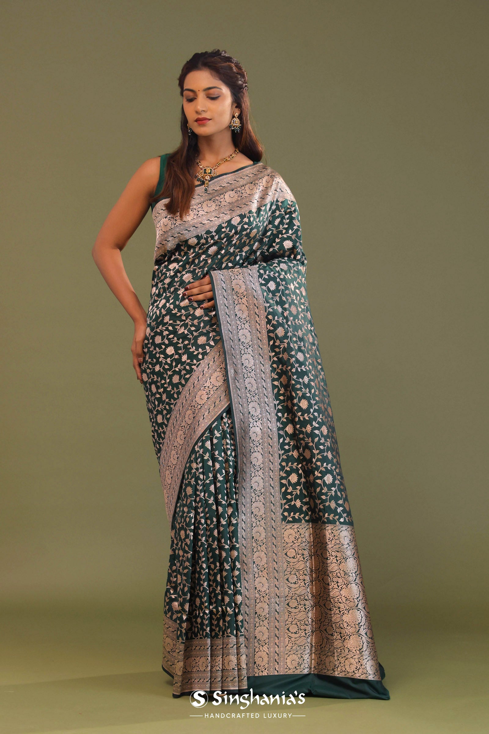 Dark Green Banarasi Saree With Bele Design