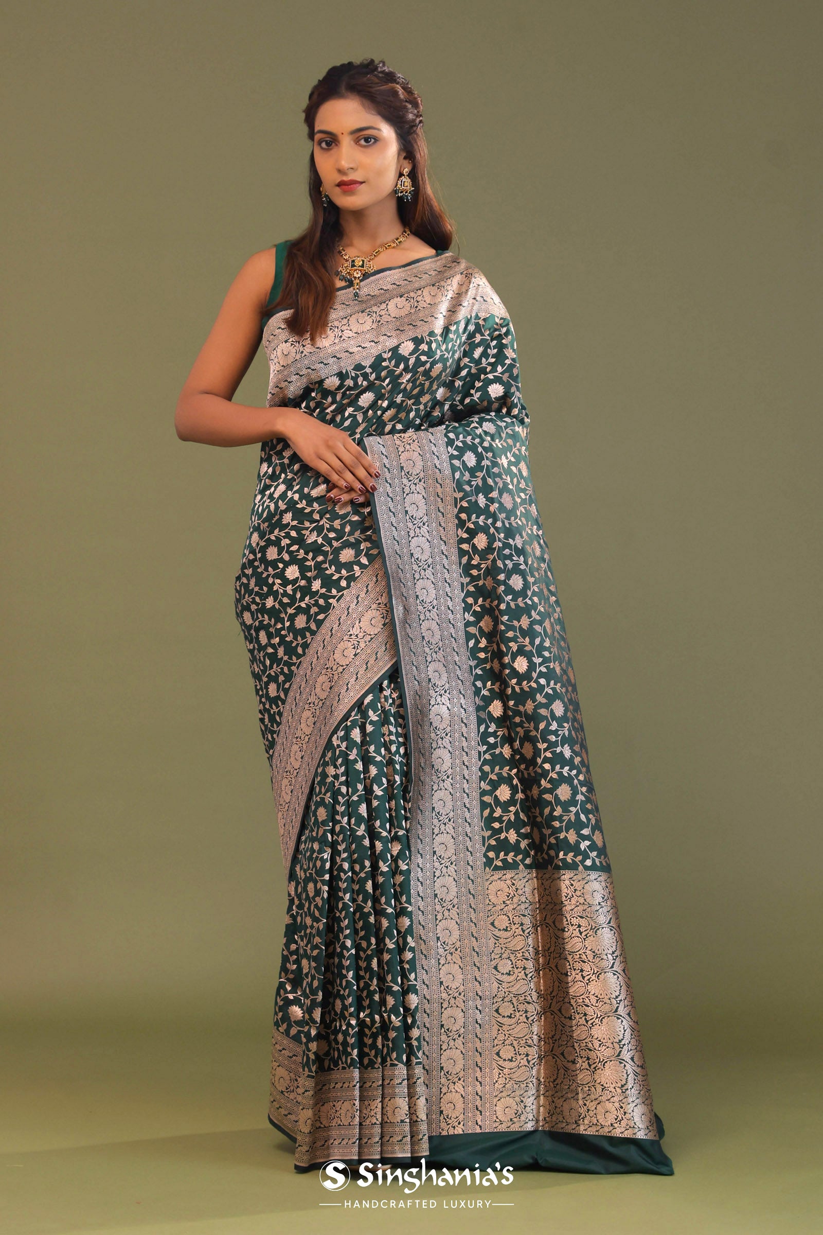 Dark Green Banarasi Saree With Bele Design
