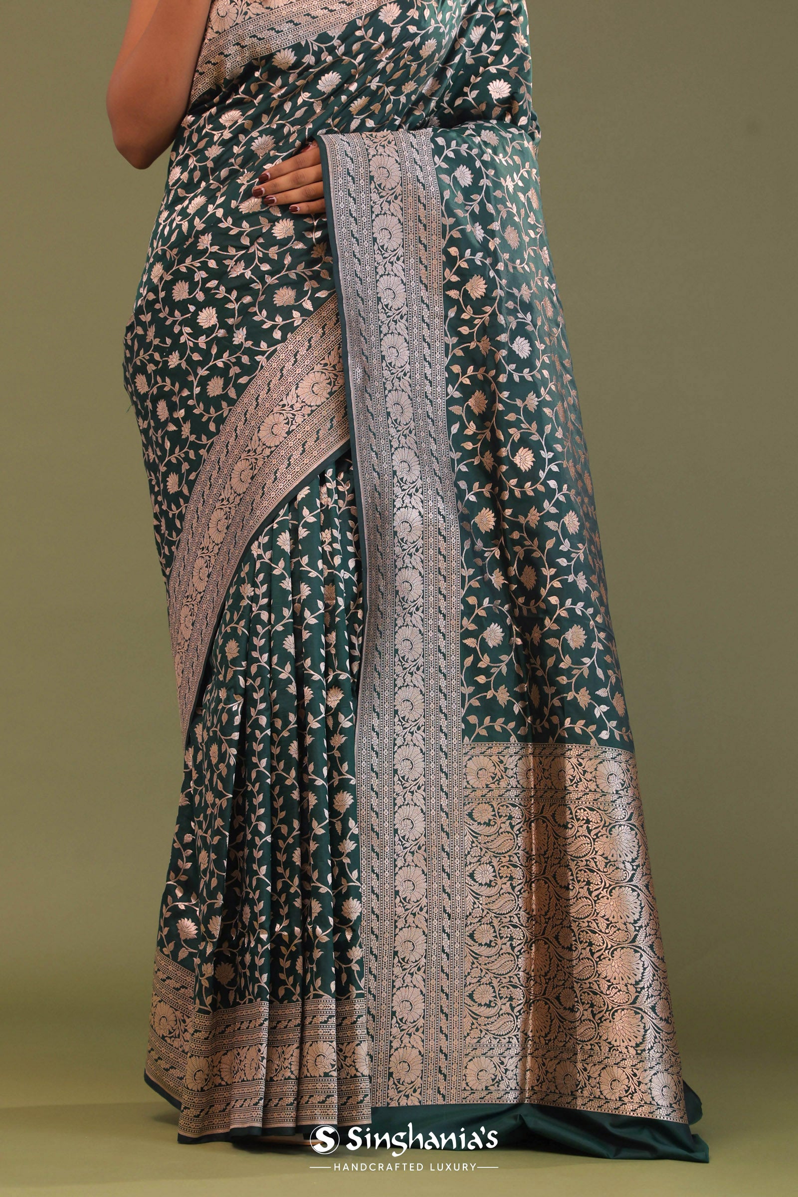 Dark Green Banarasi Saree With Bele Design