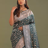 Dark Green Banarasi Saree With Bele Design