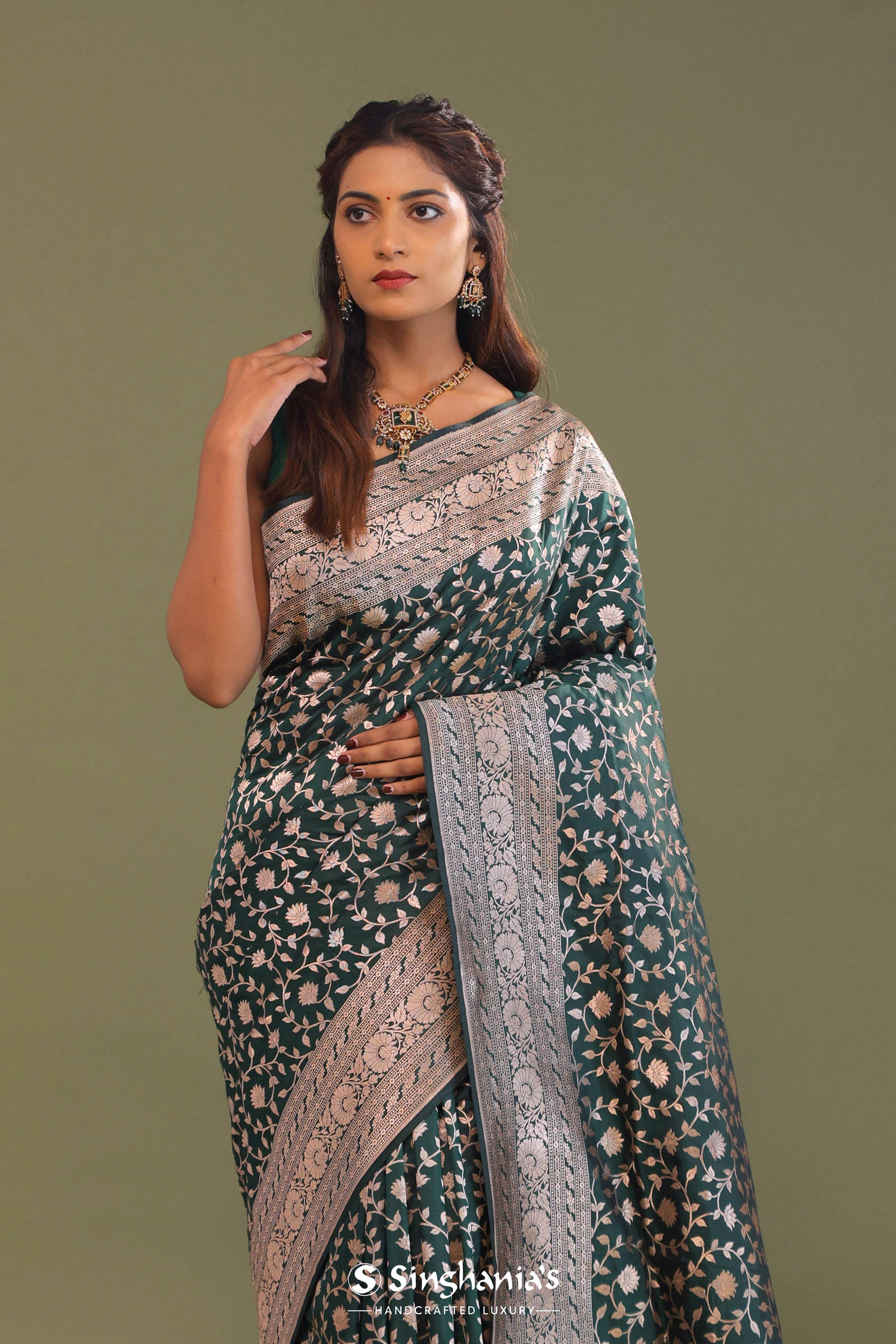 Dark Green Banarasi Saree With Bele Design