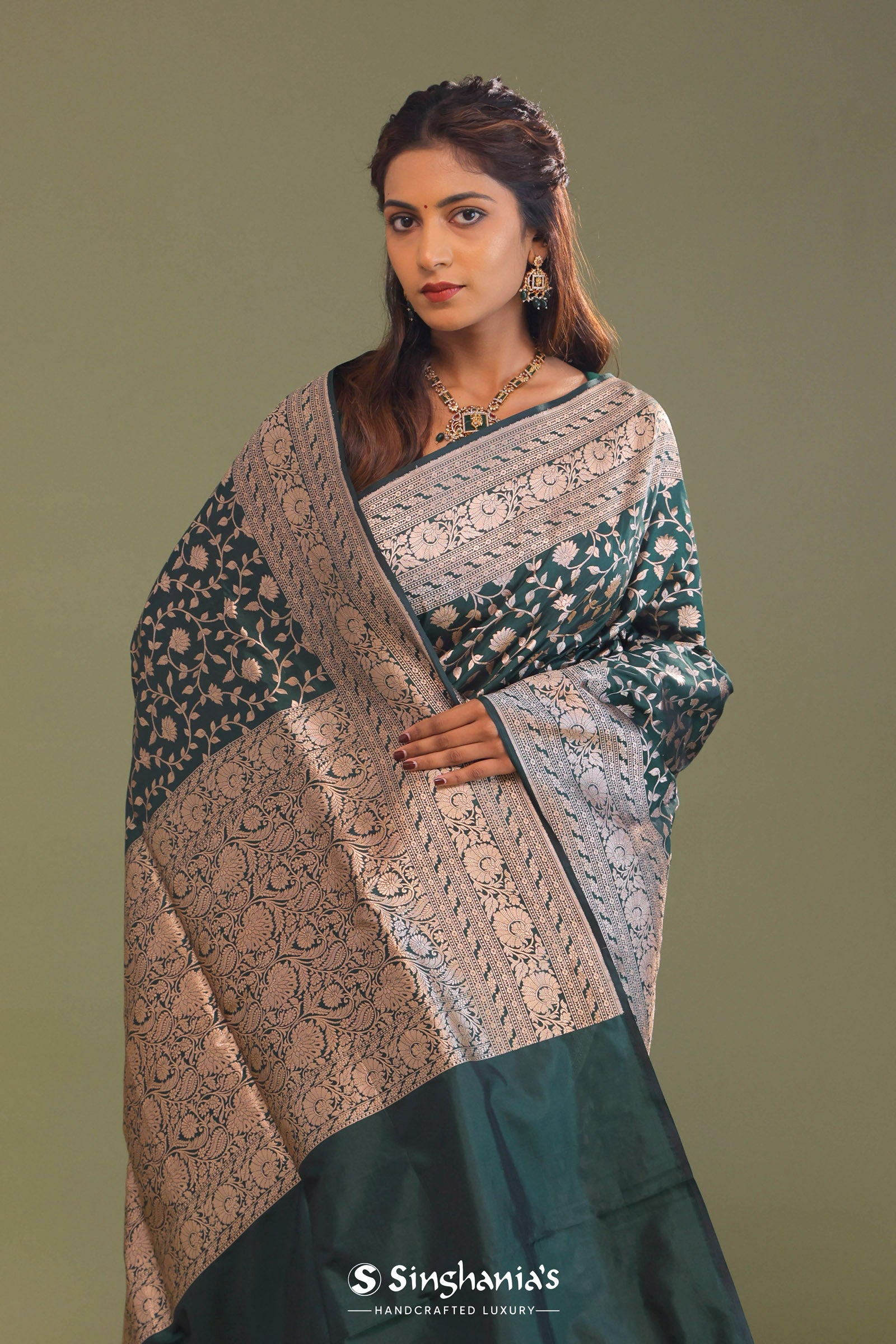 Dark Green Banarasi Saree With Bele Design