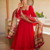 Scarlet Red Silk Anarkali With Scalloped Neckline
