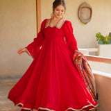 Scarlet Red Silk Anarkali With Scalloped Neckline