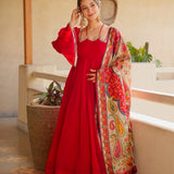 Scarlet Red Silk Anarkali With Scalloped Neckline