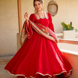 Scarlet Red Silk Anarkali With Scalloped Neckline