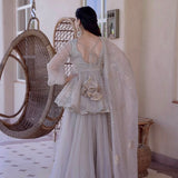 Dove Grey Peplum Set With Gold Motifs