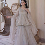 Dove Grey Peplum Set With Gold Motifs