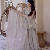 Dove Grey Peplum Set With Gold Motifs