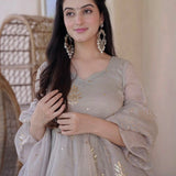 Dove Grey Peplum Set With Gold Motifs