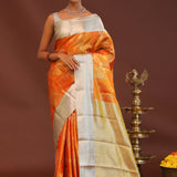 Orange Kanjivaram Saree With Contrast Silver Border