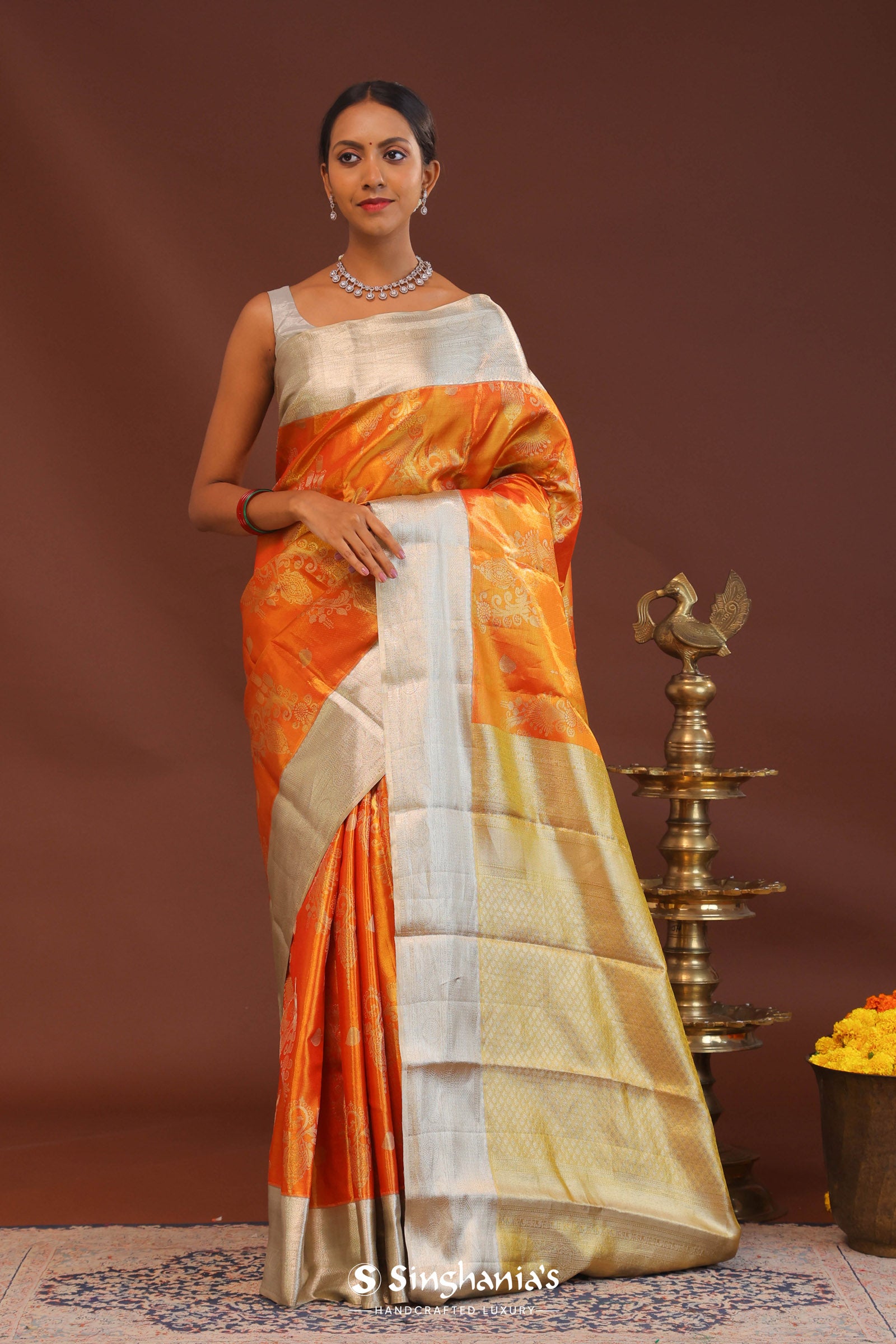 Orange Kanjivaram Saree With Contrast Silver Border