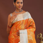 Orange Kanjivaram Saree With Contrast Silver Border
