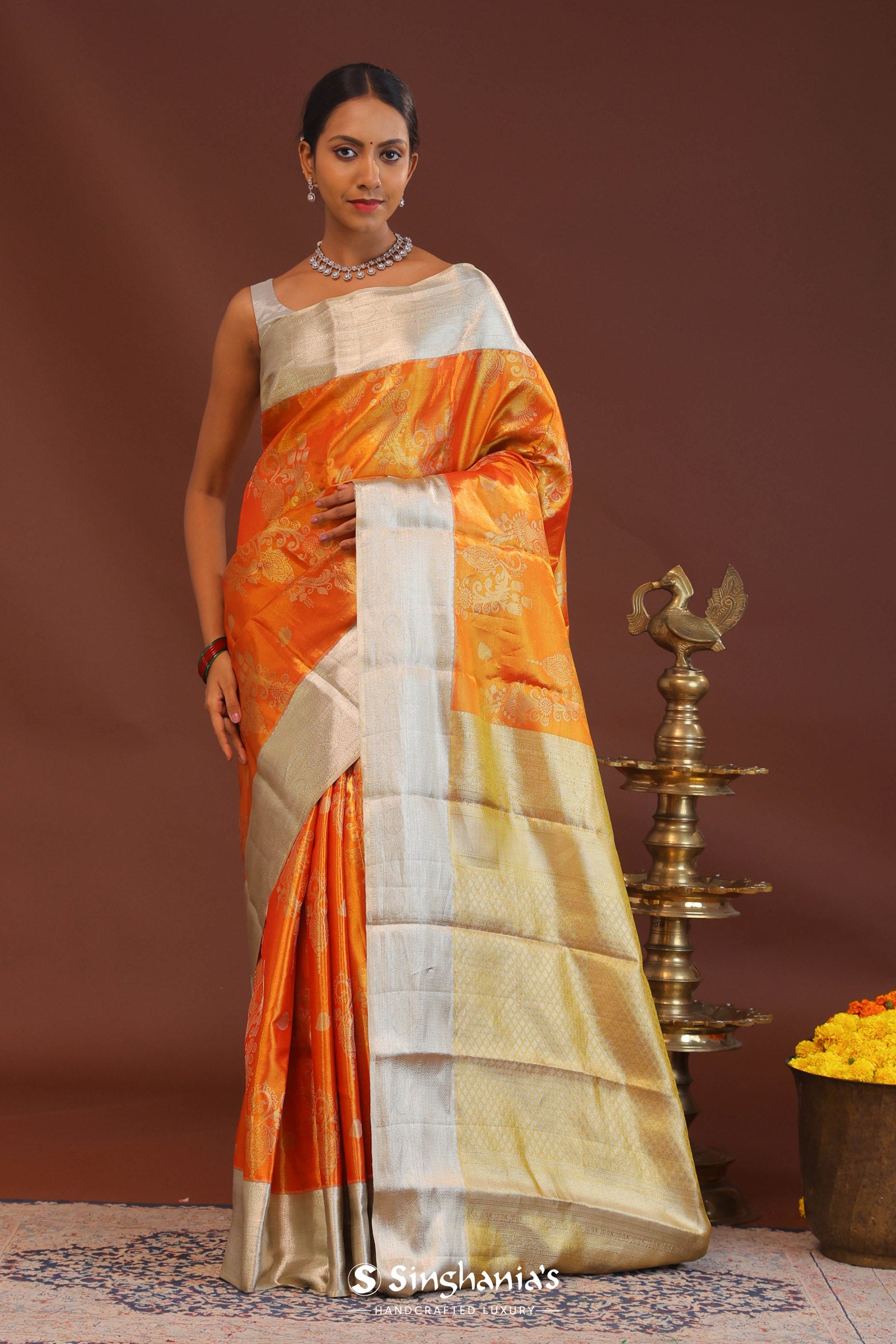 Orange Kanjivaram Saree With Contrast Silver Border