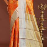 Orange Kanjivaram Saree With Contrast Silver Border