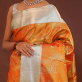 Orange Kanjivaram Saree With Contrast Silver Border