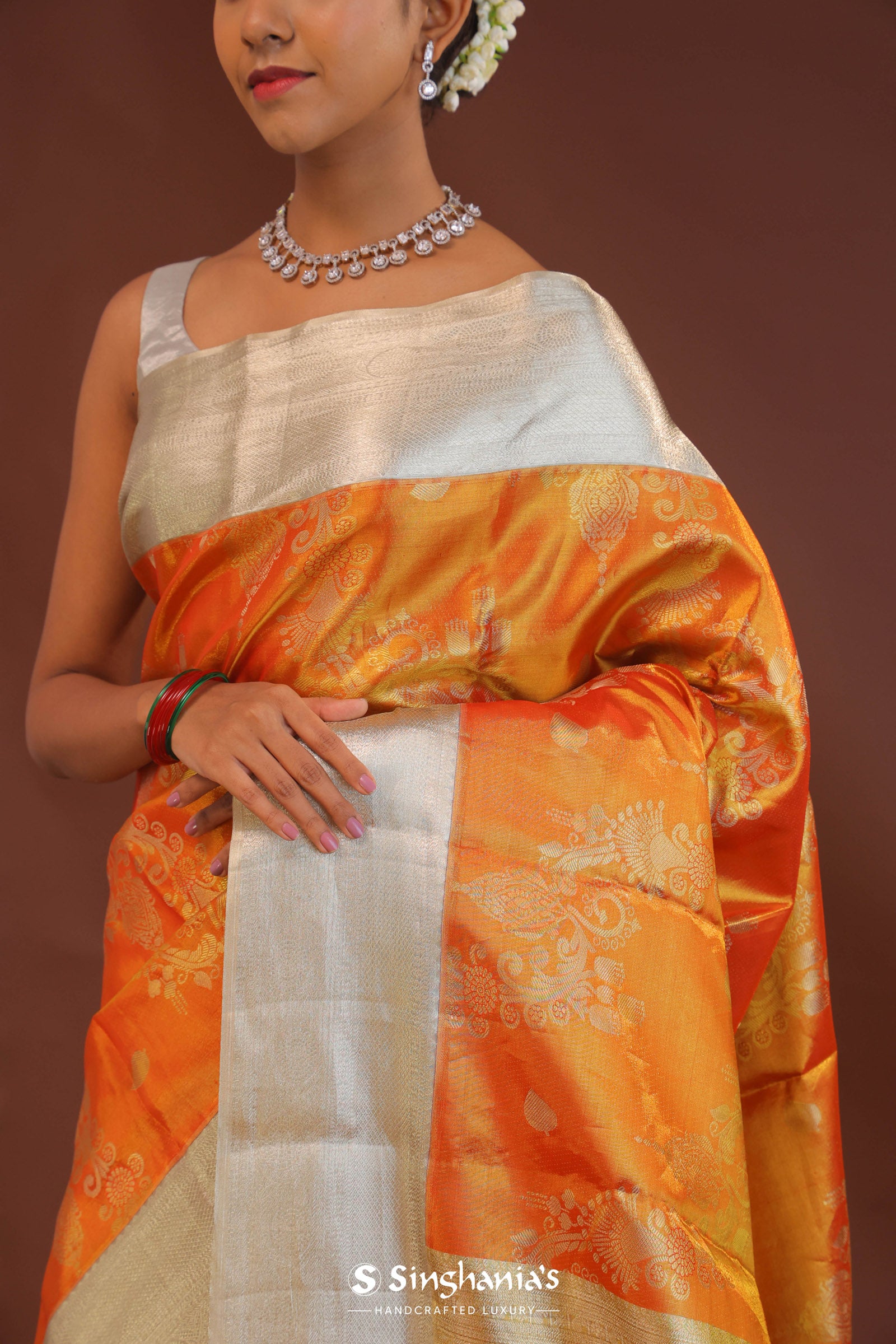 Orange Kanjivaram Saree With Contrast Silver Border