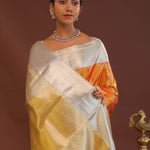 Orange Kanjivaram Saree With Contrast Silver Border