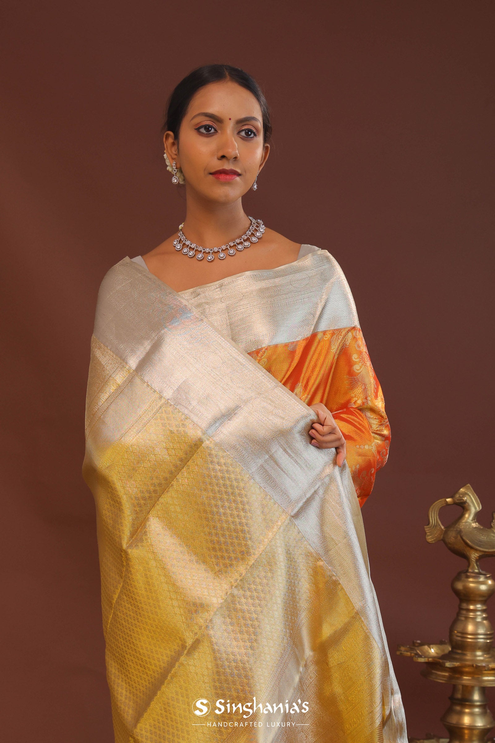 Orange Kanjivaram Saree With Contrast Silver Border