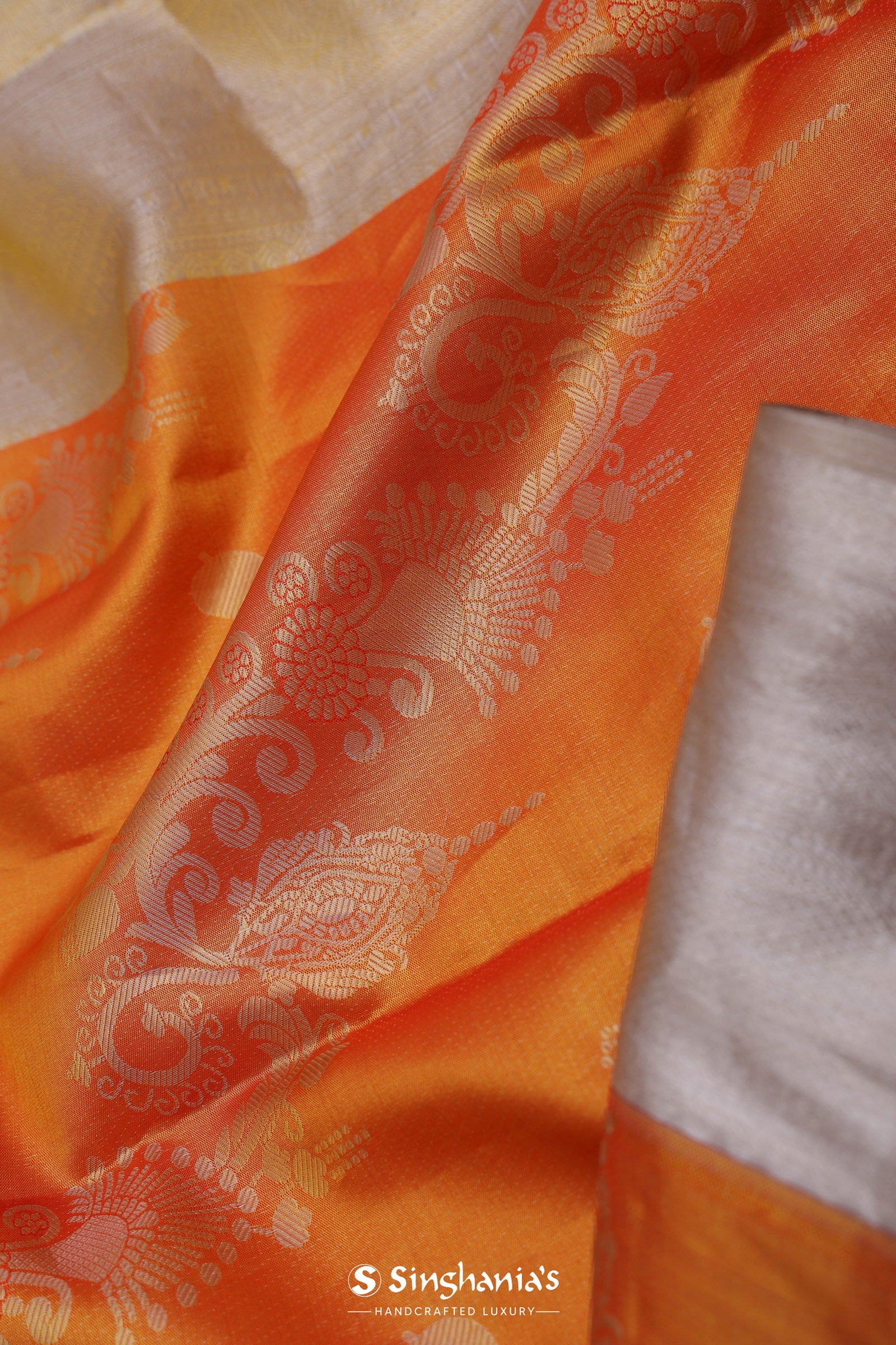 Orange Kanjivaram Saree With Contrast Silver Border
