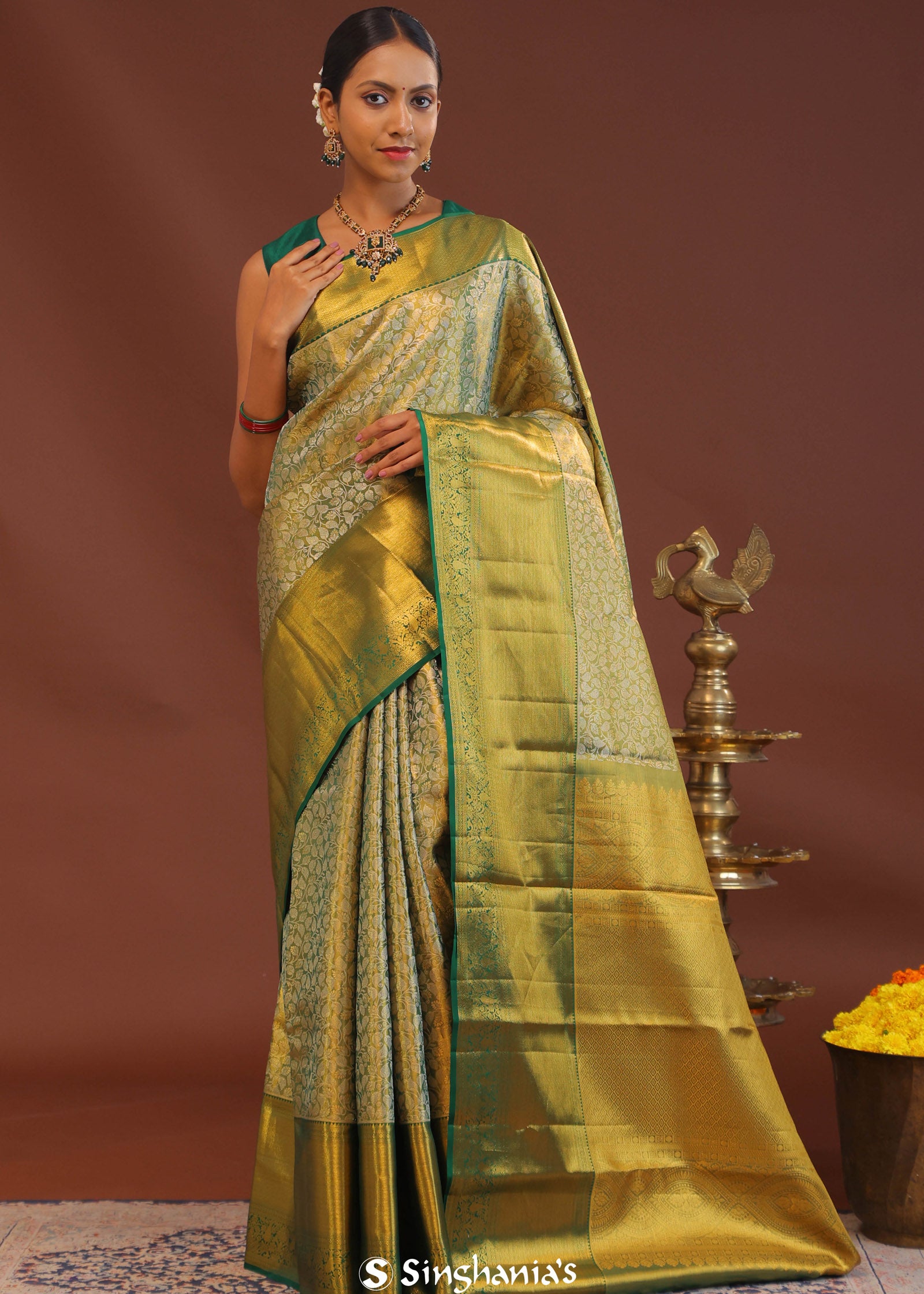 Dark Green Kanchivaram Saree With Gold Zari Border