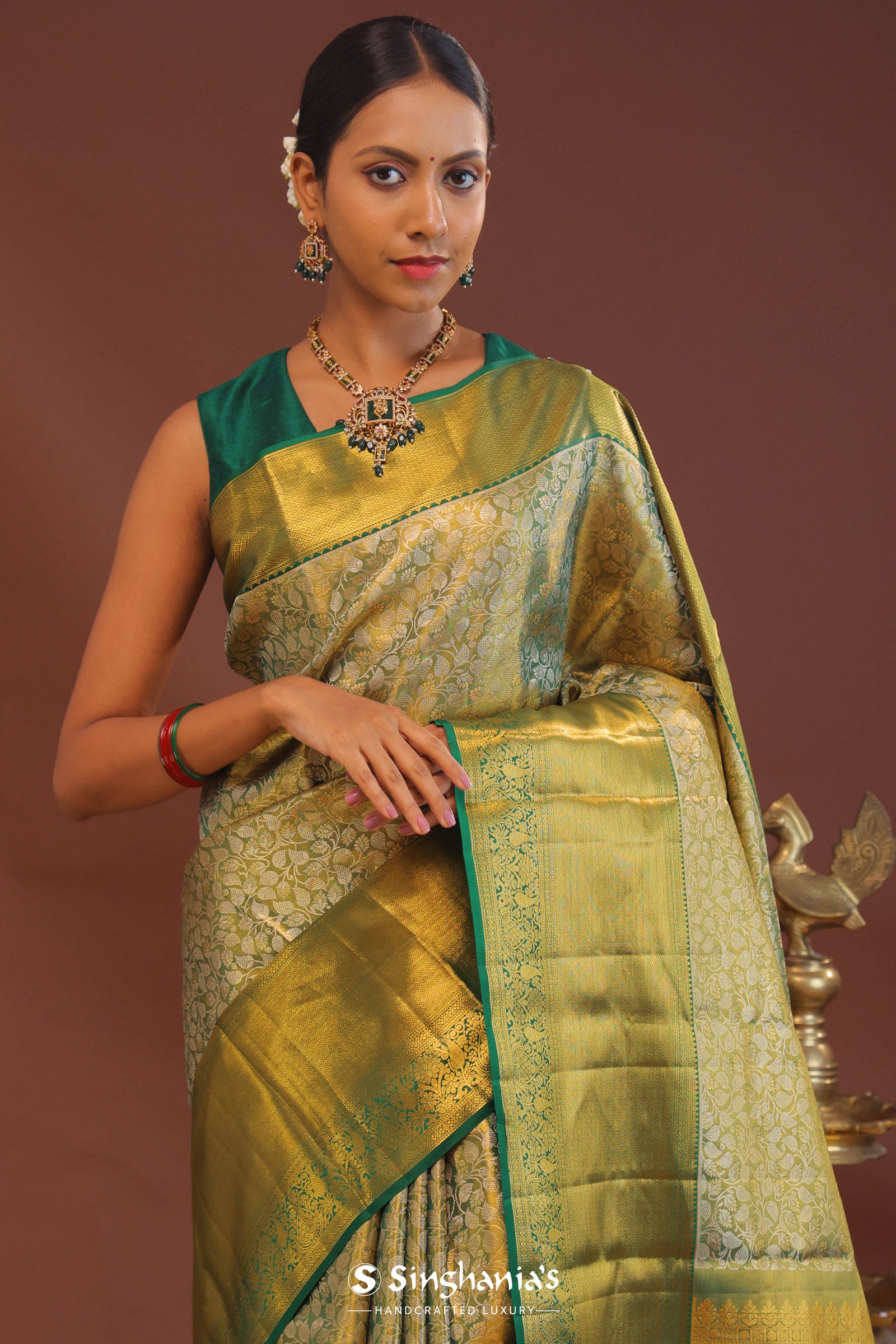 Dark Green Kanchivaram Saree With Gold Zari Border