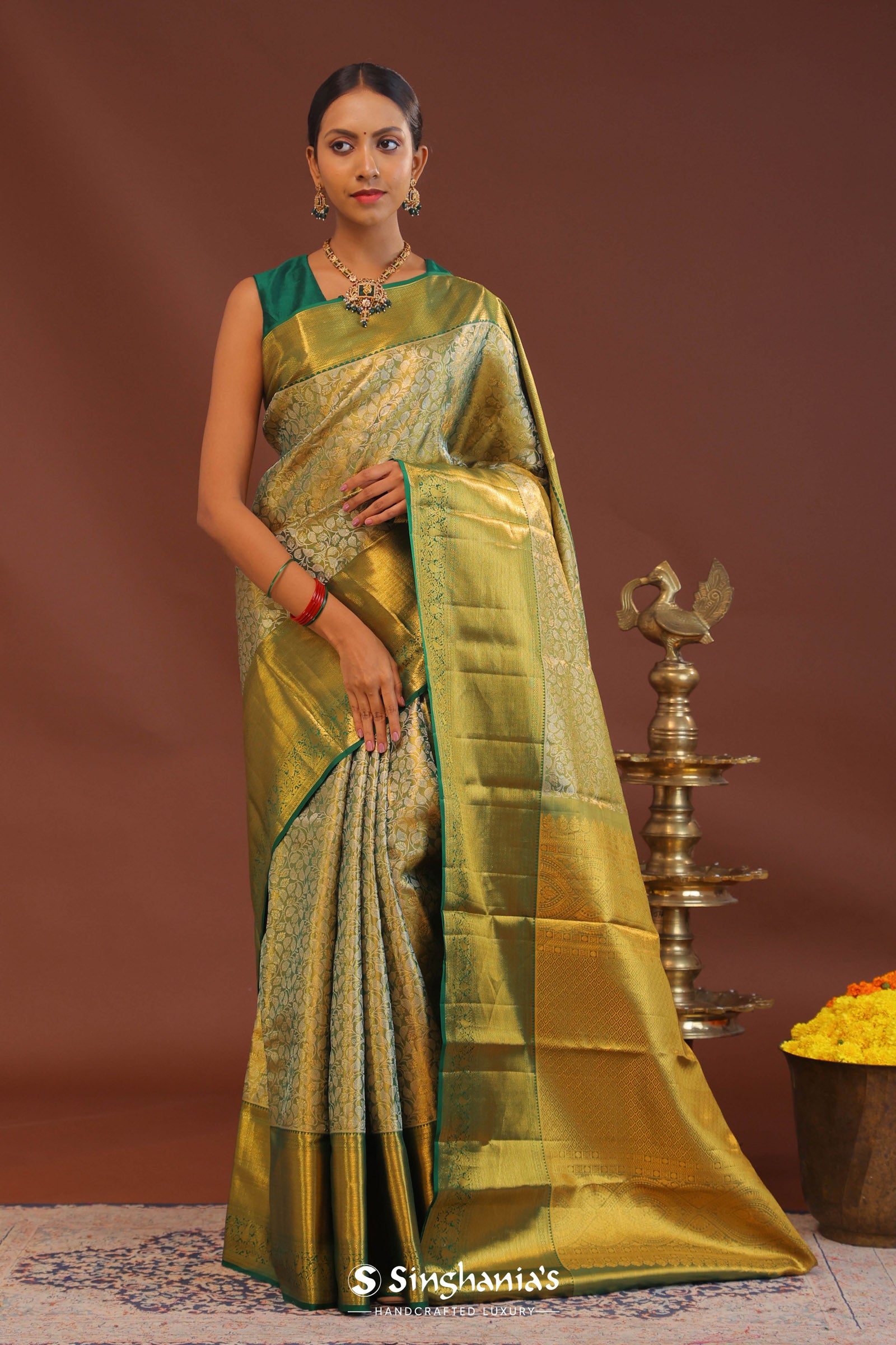 Dark Green Kanchivaram Saree With Gold Zari Border