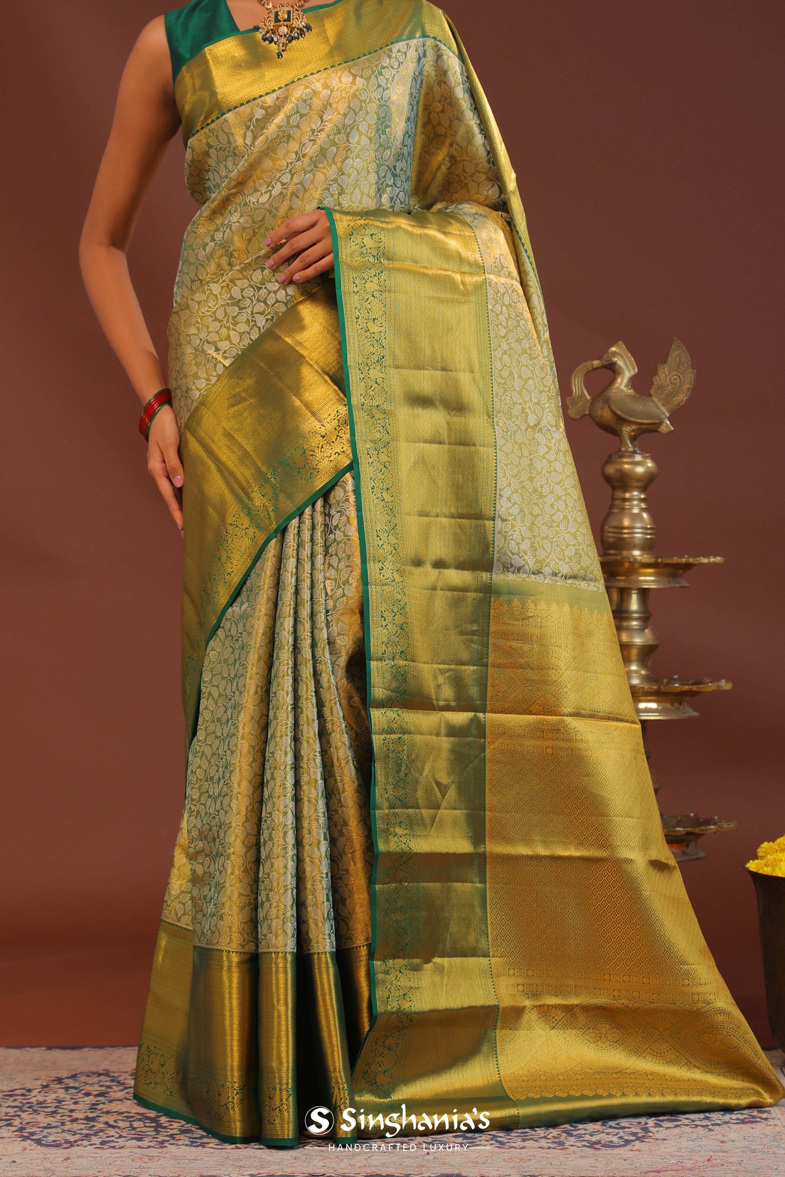 Dark Green Kanchivaram Saree With Gold Zari Border