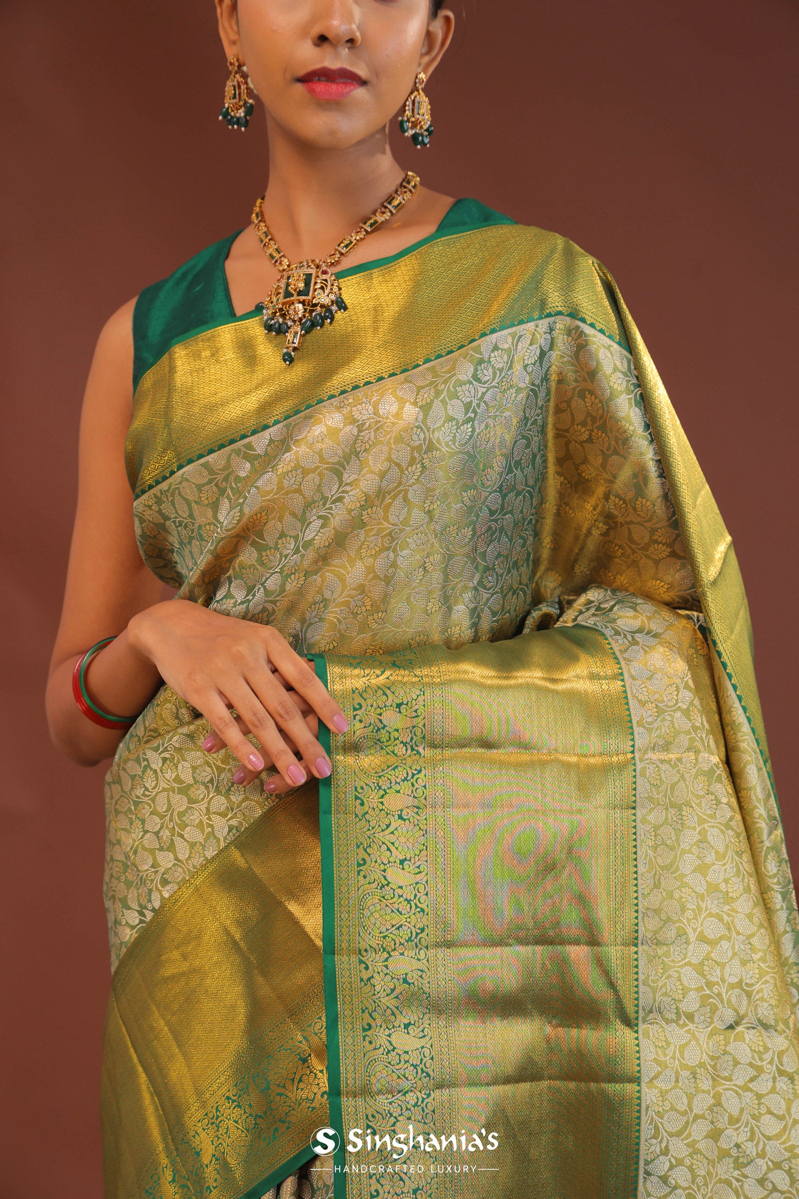 Dark Green Kanchivaram Saree With Gold Zari Border