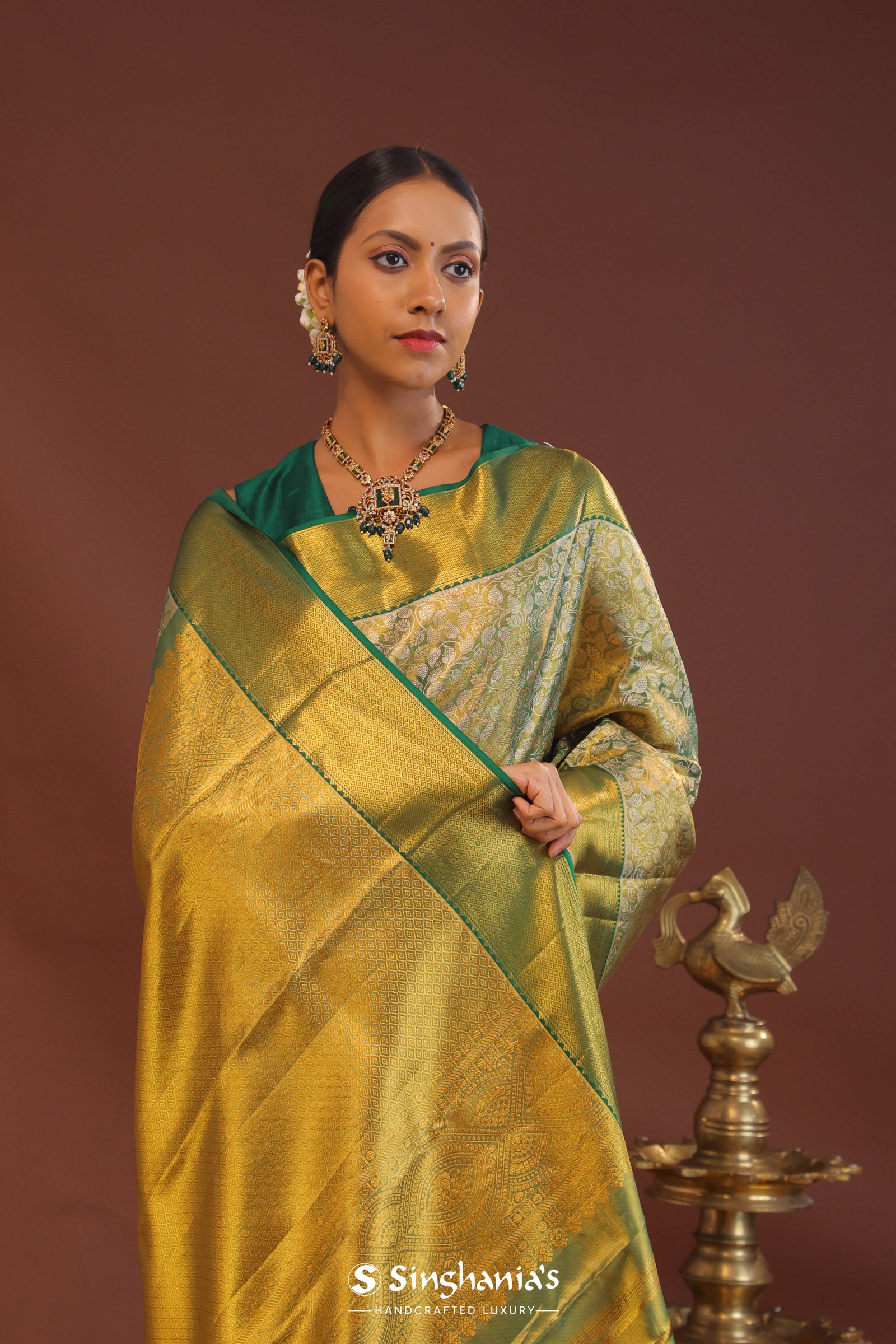 Dark Green Kanchivaram Saree With Gold Zari Border