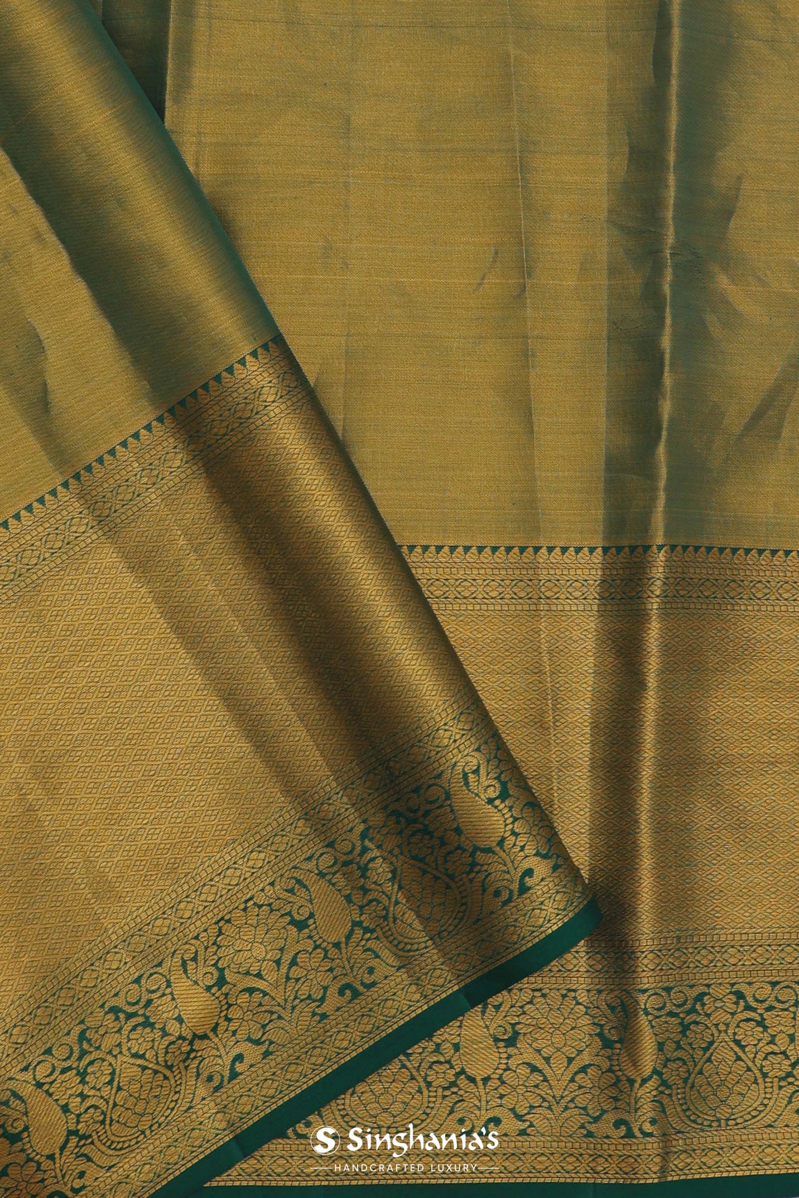 Dark Green Kanchivaram Saree With Gold Zari Border