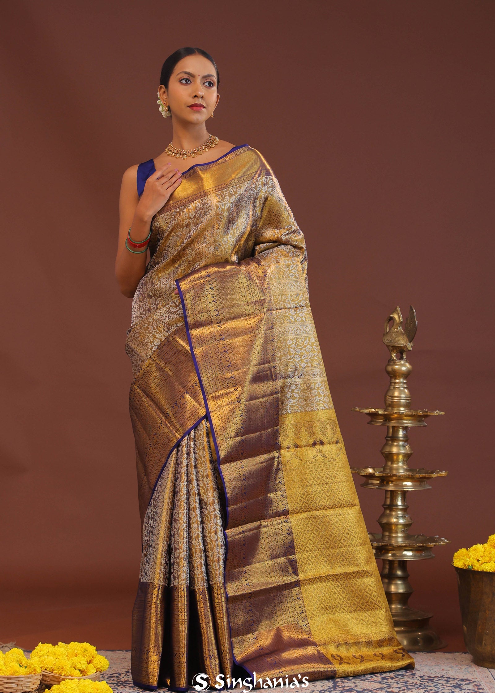 Deep Violet Kanjivaram Saree With Gold Zari Border