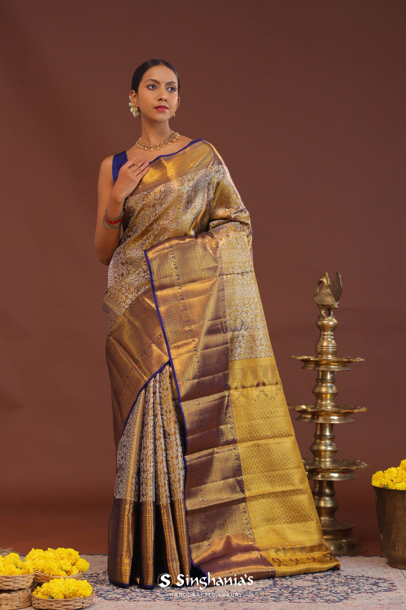 Deep Violet Kanjivaram Saree With Gold Zari Border
