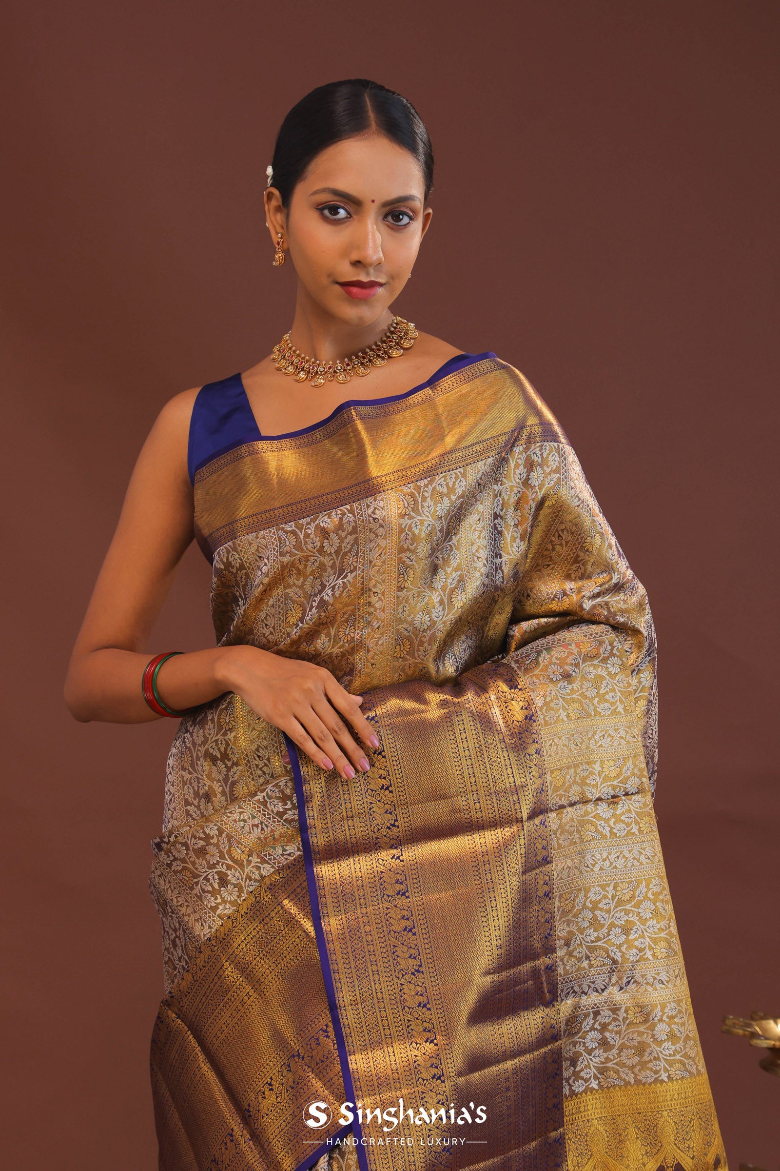 Deep Violet Kanjivaram Saree With Gold Zari Border