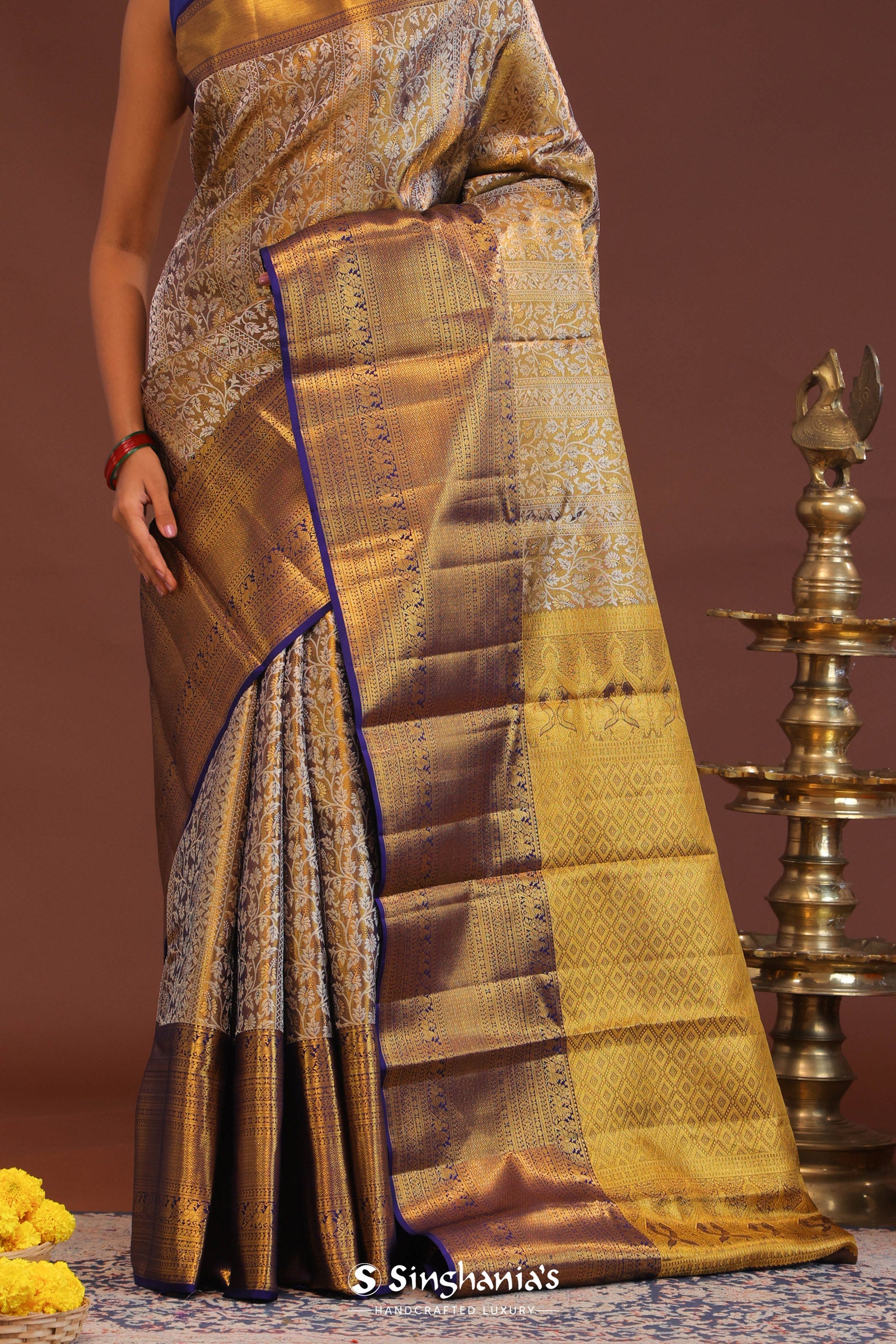 Deep Violet Kanjivaram Saree With Gold Zari Border