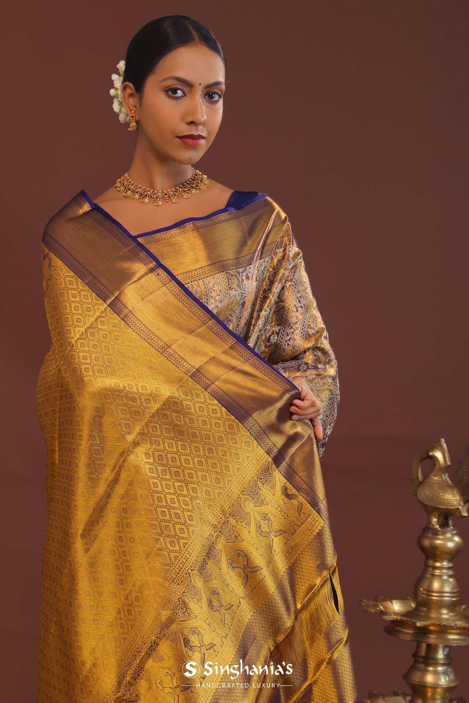 Deep Violet Kanjivaram Saree With Gold Zari Border
