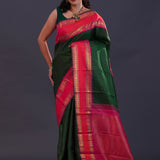 Bottle Green Kanjivaram Silk Saree With Checks Pattern