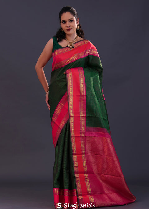 <img> Bottle Green Kanjivaram Silk Saree With Checks Pattern