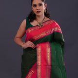 Bottle Green Kanjivaram Silk Saree With Checks Pattern