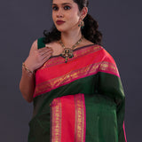 Bottle Green Kanjivaram Silk Saree With Checks Pattern