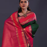 Bottle Green Kanjivaram Silk Saree With Checks Pattern
