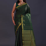 Dark Jungle Green Kanjivaram Silk Saree With Horizontal Lines