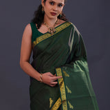 Dark Jungle Green Kanjivaram Silk Saree With Horizontal Lines