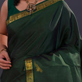 Dark Jungle Green Kanjivaram Silk Saree With Horizontal Lines