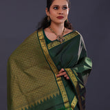 Dark Jungle Green Kanjivaram Silk Saree With Horizontal Lines