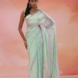 Grayish Teal Organza Saree With Scallop Border