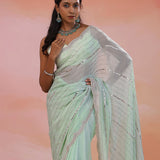 Grayish Teal Organza Saree With Scallop Border