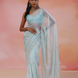 Bluish Gray Organza Saree With Scallop Border