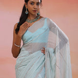 Bluish Gray Organza Saree With Scallop Border