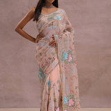 Salmon Pink Soft Organza Saree With Embroidery Work